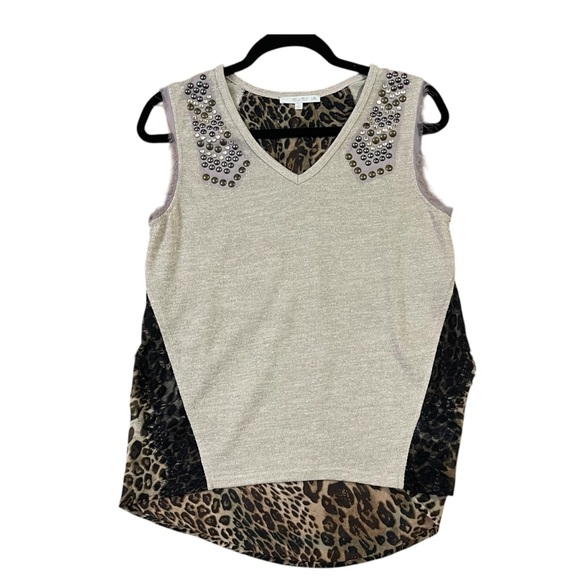 Miss Me Top Sz. S Cream Sleeveless Embellished Blouse Animal Print Metal Studded - Picture 6 of 11